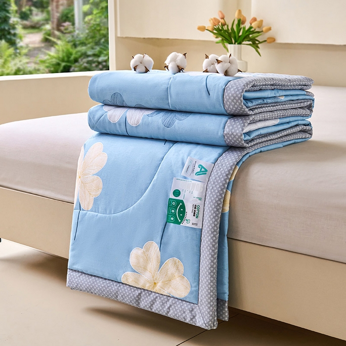 91家纺网 家纺一手货源 找家纺 薇玛仕 2026夏季新款100%新疆棉花里外全棉夏凉被单双人空调被 四叶草-蓝