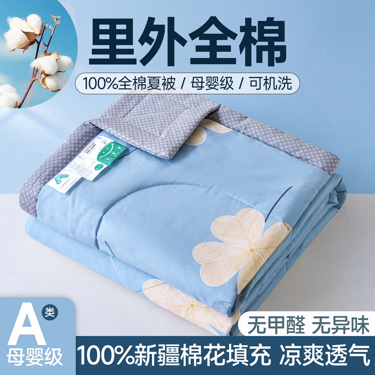91家纺网 家纺一手货源 找家纺 薇玛仕 2026夏季新款100%新疆棉花里外全棉夏凉被单双人空调被 四叶草-蓝