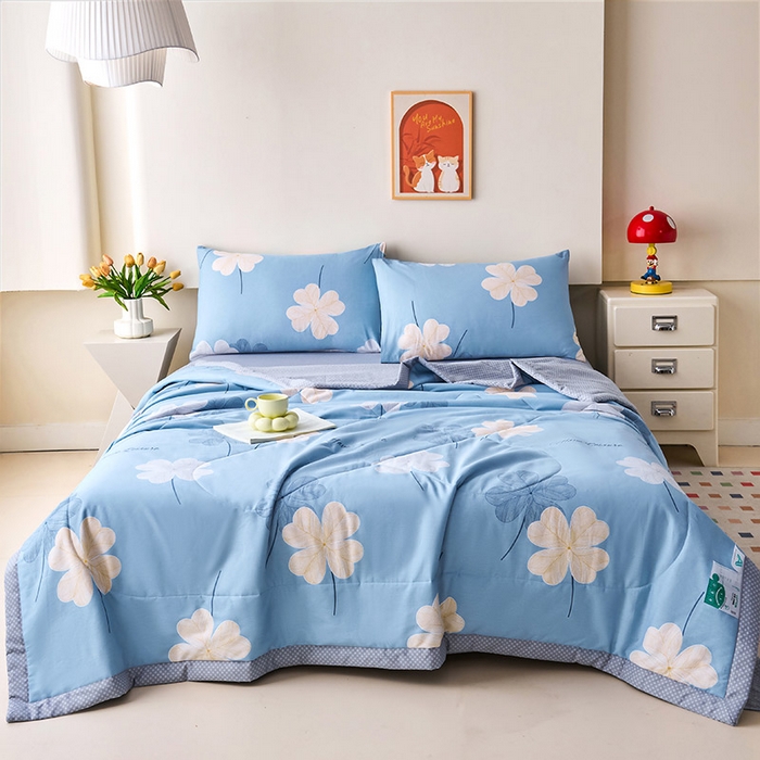 91家纺网 家纺一手货源 找家纺 薇玛仕 2026夏季新款100%新疆棉花里外全棉夏凉被单双人空调被 四叶草-蓝