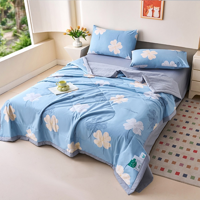 91家纺网 家纺一手货源 找家纺 薇玛仕 2026夏季新款100%新疆棉花里外全棉夏凉被单双人空调被 四叶草-蓝