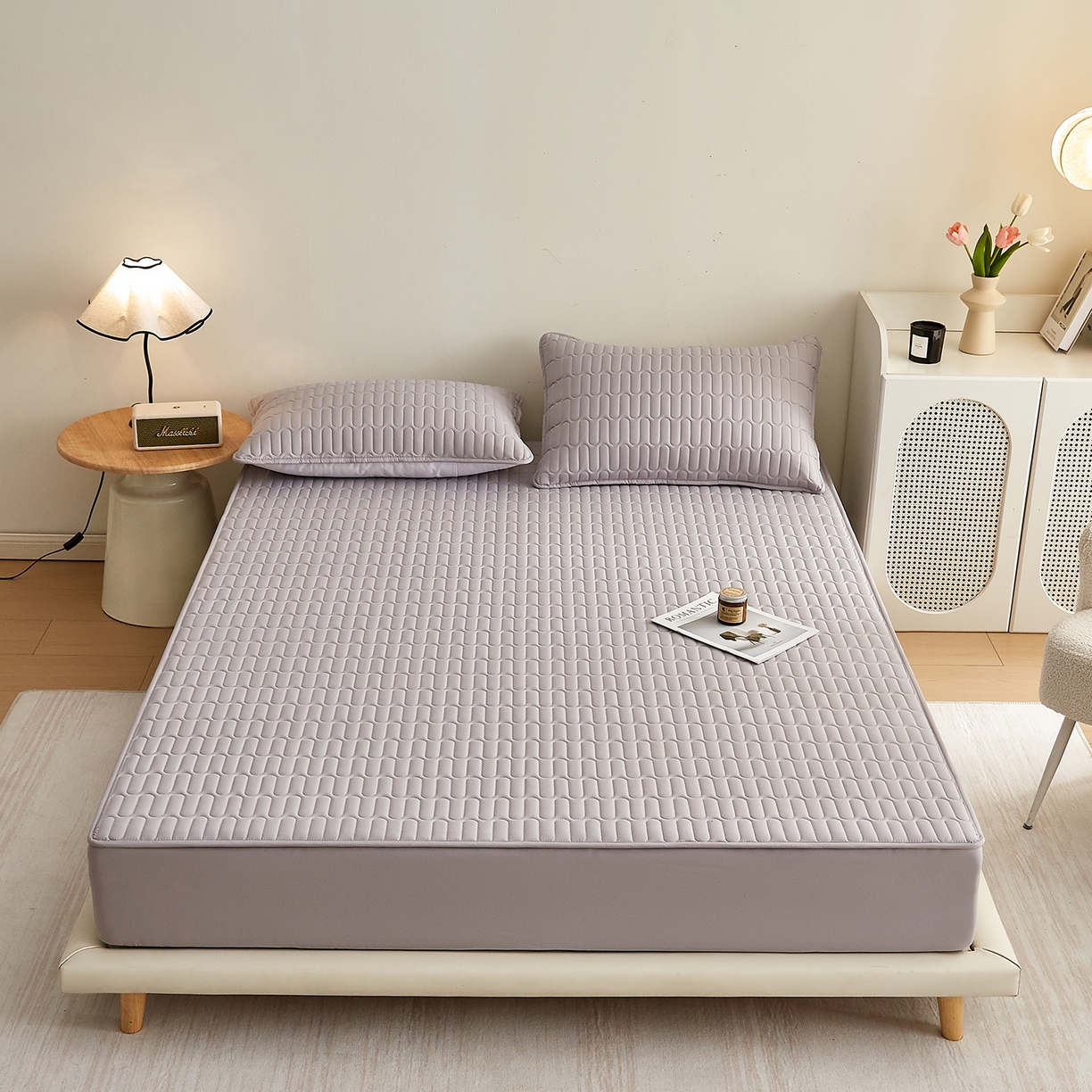 蕾诺家纺 2026新款菱格水洗棉加厚夹棉床笠保护套 菱格-浅灰