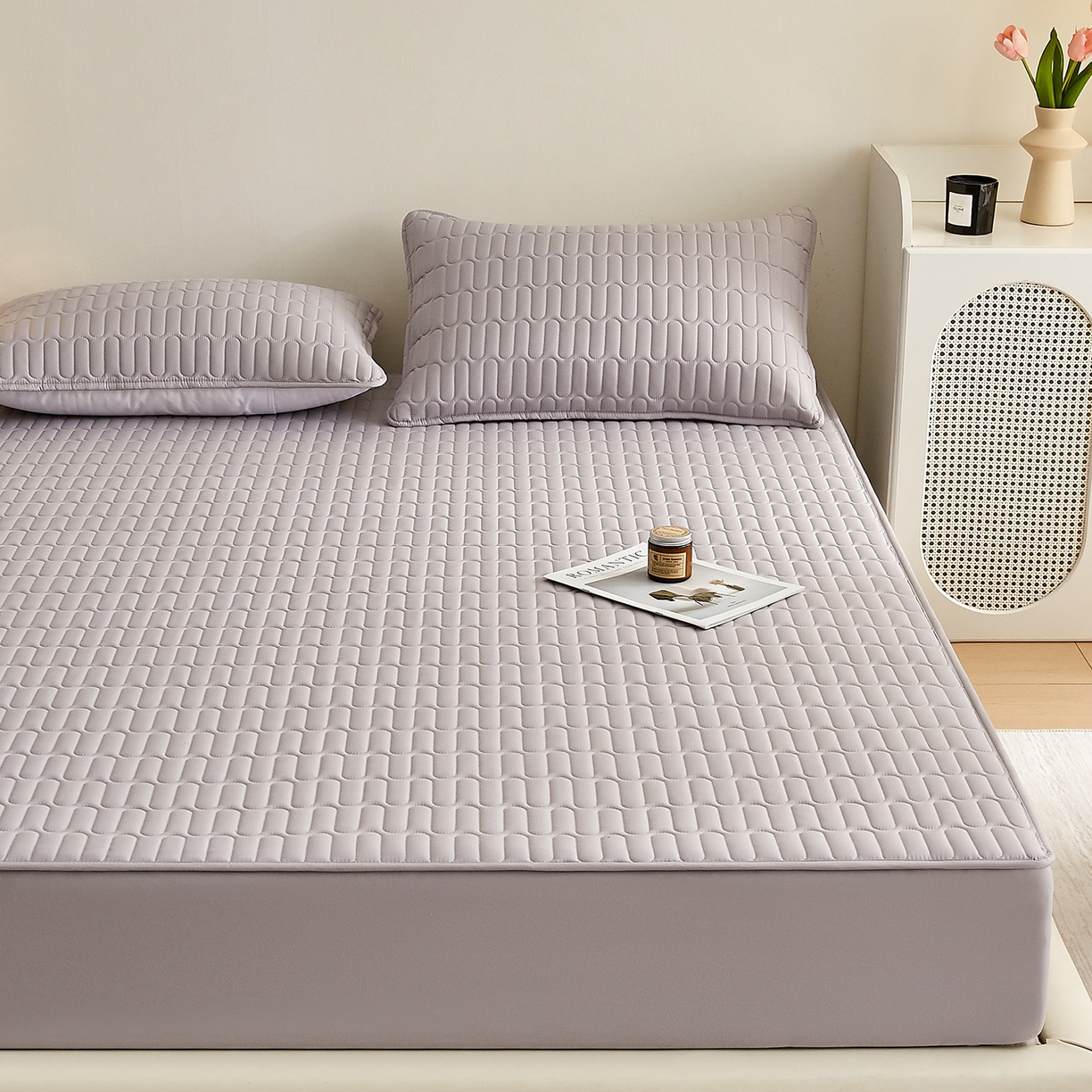 91家纺网 家纺一手货源 找家纺 蕾诺家纺 2026新款菱格水洗棉加厚夹棉床笠保护套 菱格-浅灰