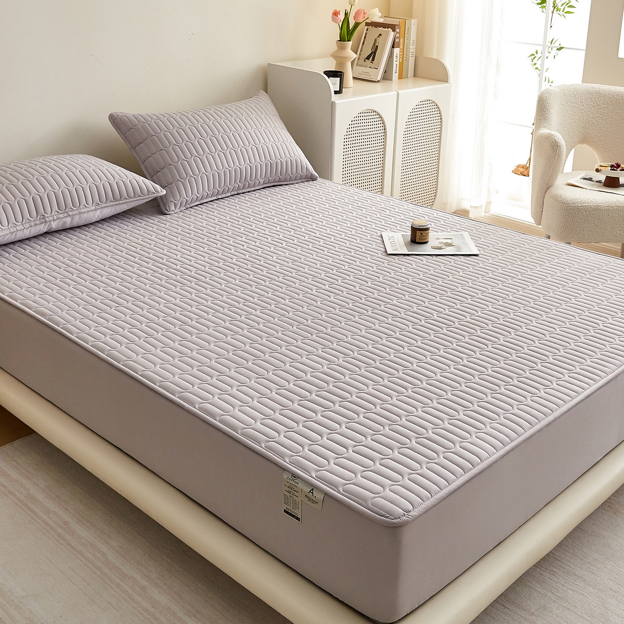 91家纺网 家纺一手货源 找家纺 蕾诺家纺 2026新款菱格水洗棉加厚夹棉床笠保护套 菱格-浅灰