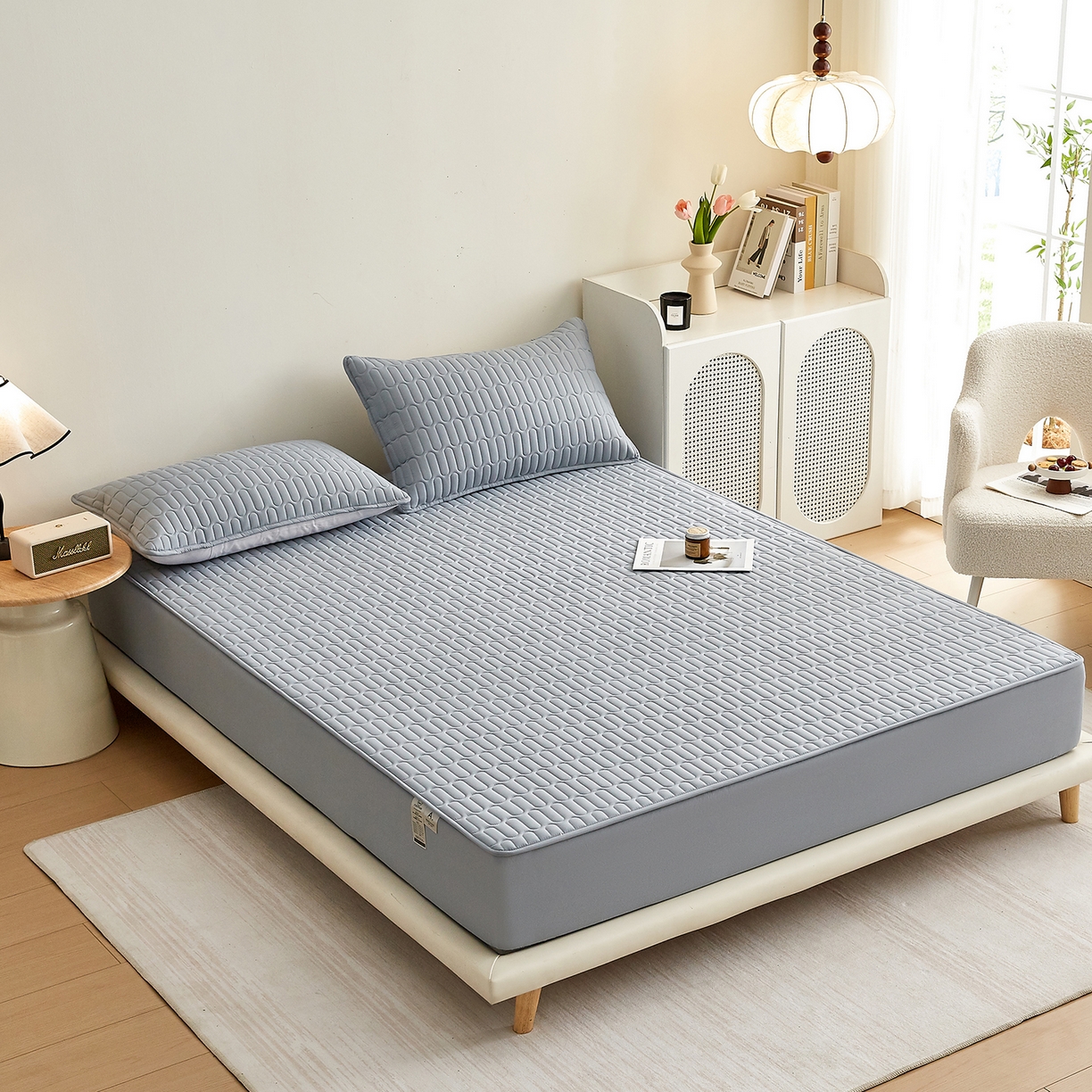 91家纺网 家纺一手货源 找家纺 蕾诺家纺 2026新款菱格水洗棉加厚夹棉床笠保护套 菱格-蓝灰