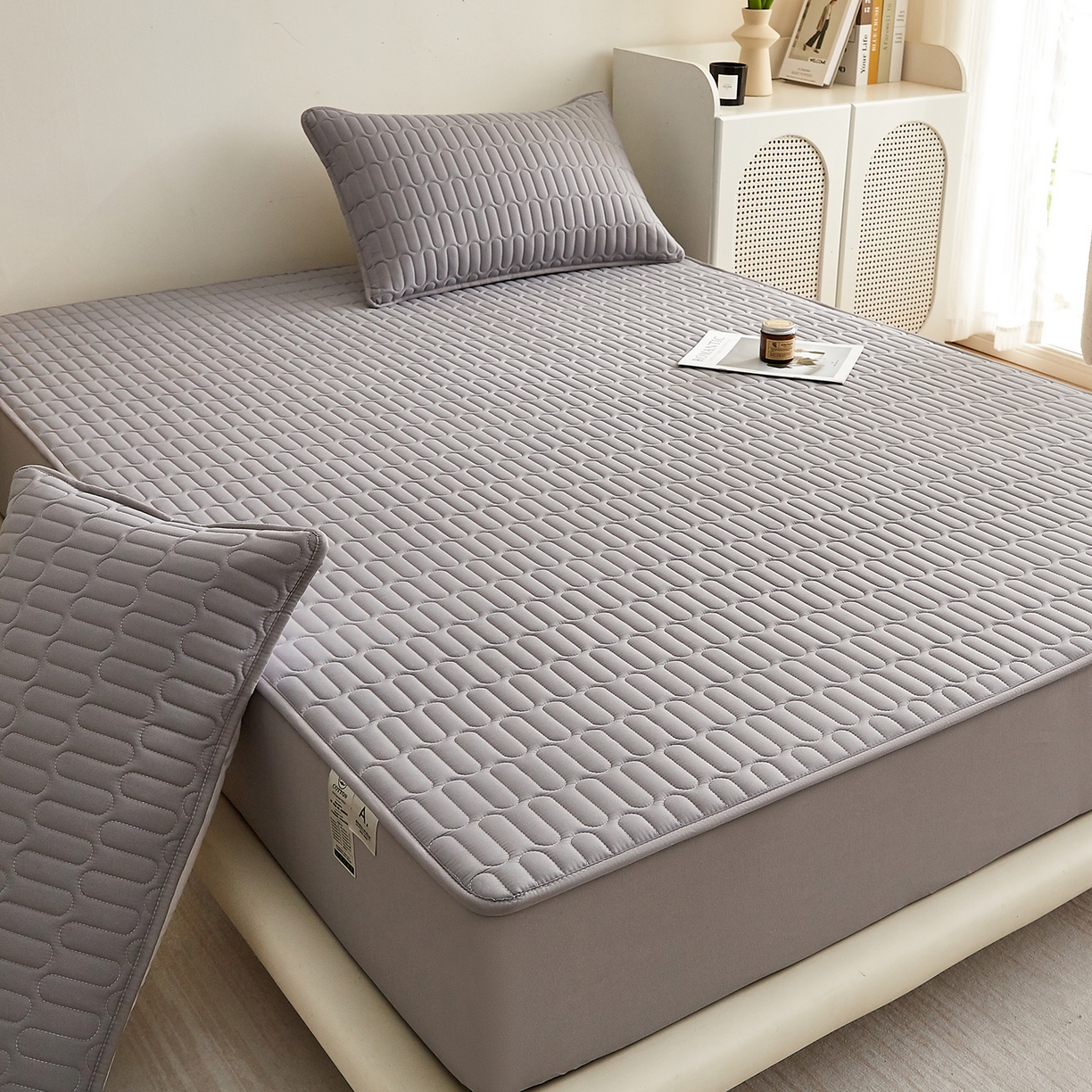 91家纺网 家纺一手货源 找家纺 蕾诺家纺 2026新款菱格水洗棉加厚夹棉床笠保护套 菱格-深灰