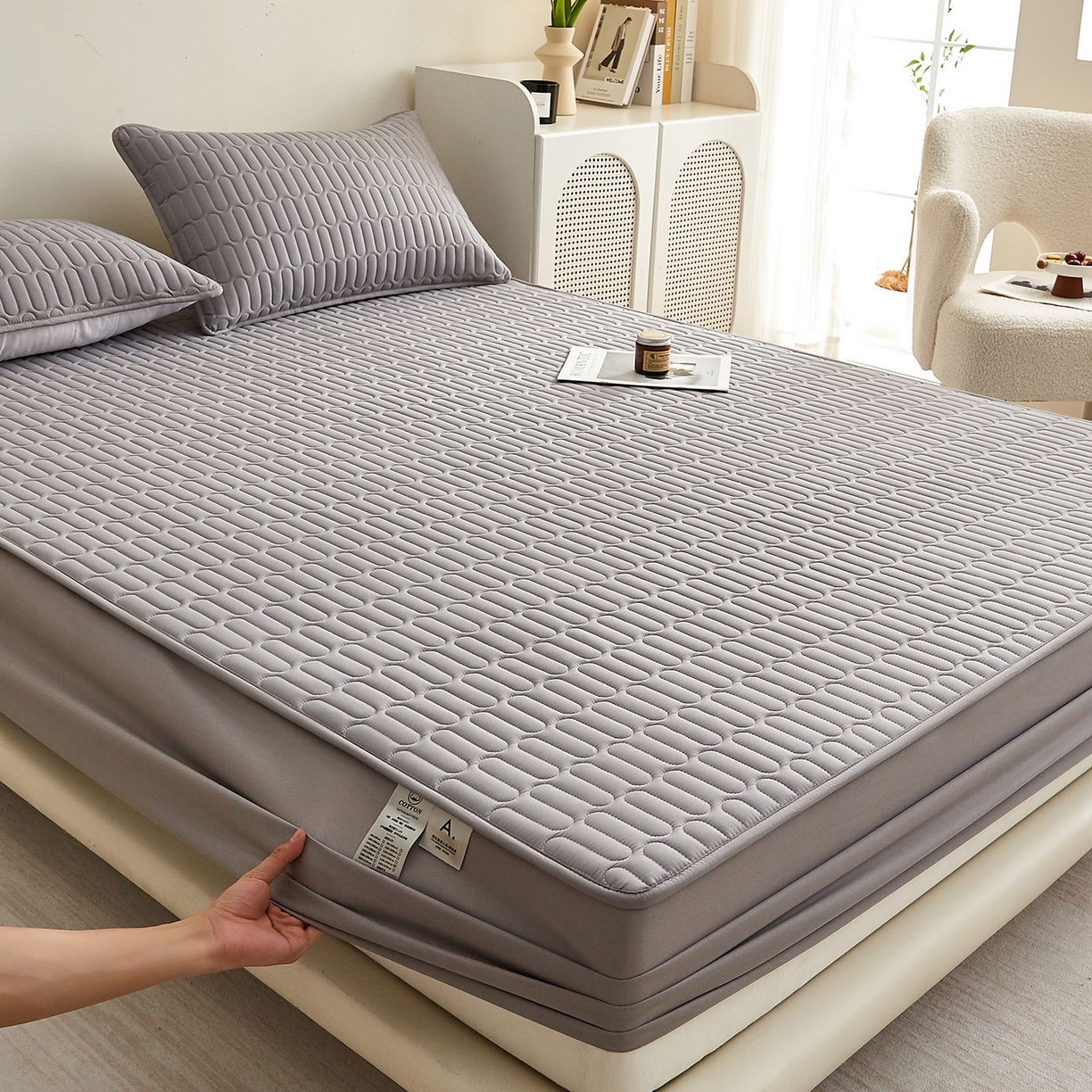 91家纺网 家纺一手货源 找家纺 蕾诺家纺 2026新款菱格水洗棉加厚夹棉床笠保护套 菱格-深灰