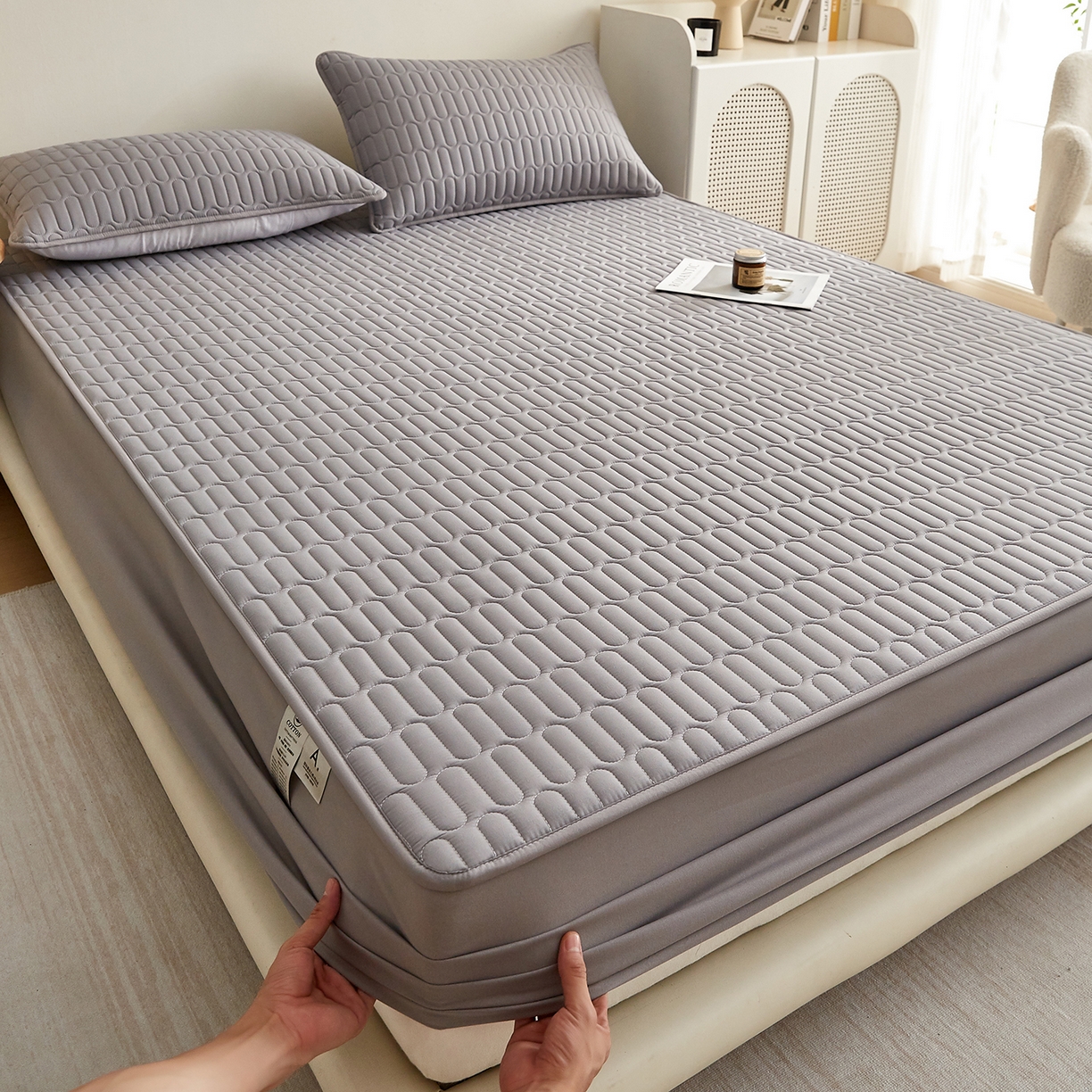 91家纺网 家纺一手货源 找家纺 蕾诺家纺 2026新款菱格水洗棉加厚夹棉床笠保护套 菱格-深灰