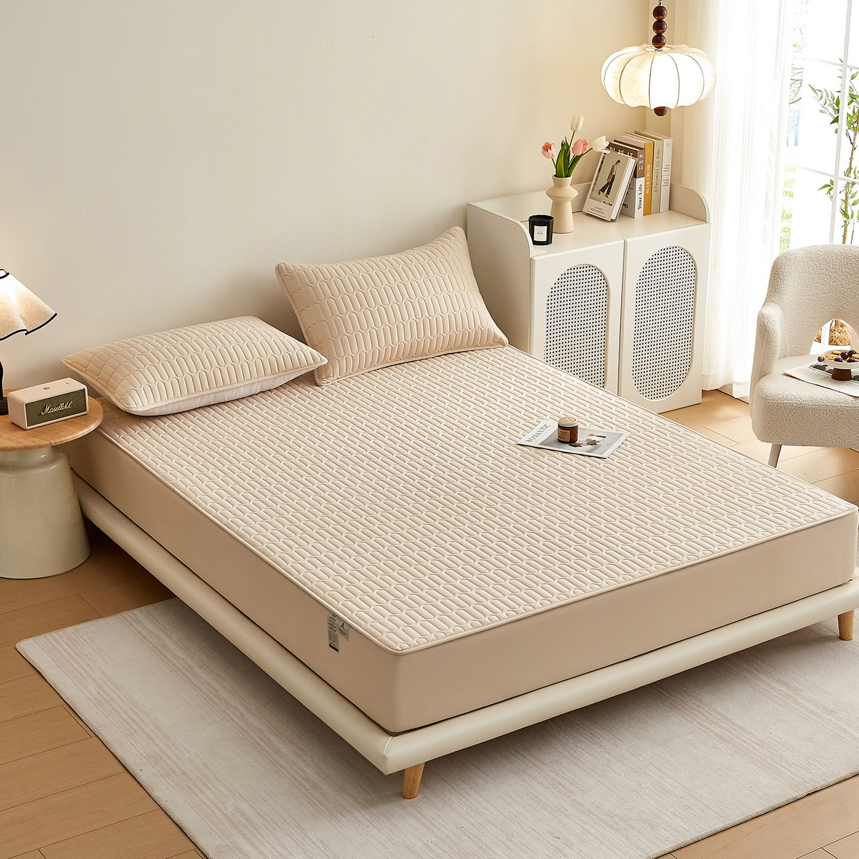 91家纺网 家纺一手货源 找家纺 蕾诺家纺 2026新款菱格水洗棉加厚夹棉床笠保护套 菱格-驼色