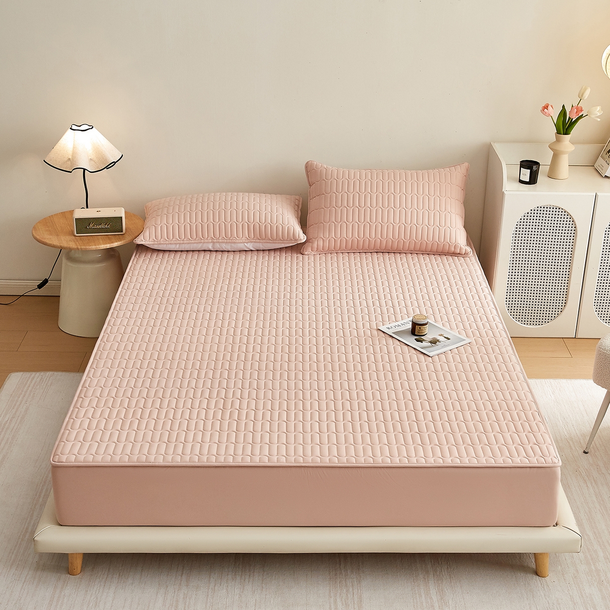 蕾诺家纺 2026新款菱格水洗棉加厚夹棉床笠保护套 菱格-玉粉