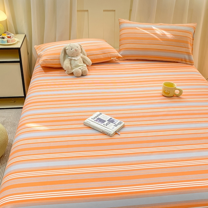 91家纺网 家纺一手货源 找家纺 优品惠 2026新款老粗布床单凉席席子空调软席单品床垫保护套三件套 橘灰条纹