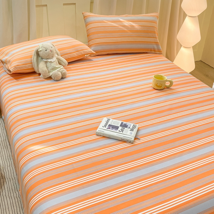 91家纺网 家纺一手货源 找家纺 优品惠 2026新款老粗布床单凉席席子空调软席单品床垫保护套三件套 橘灰条纹