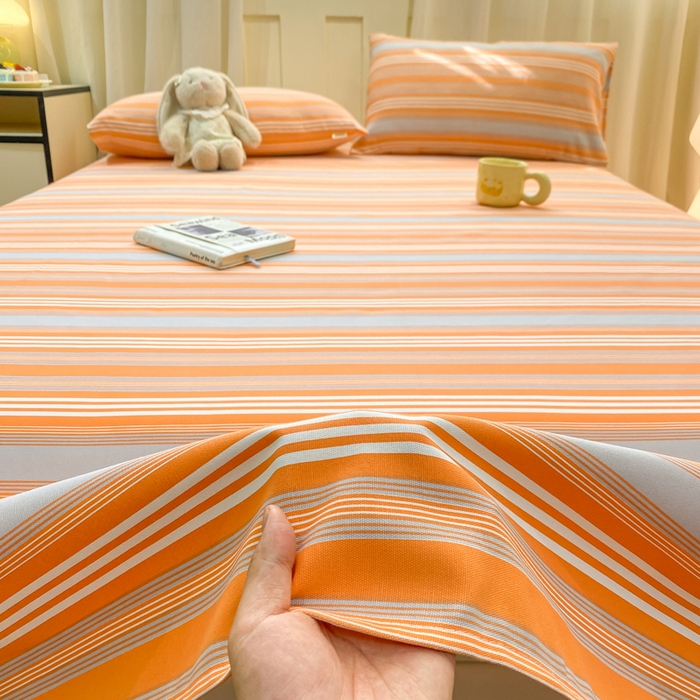 91家纺网 家纺一手货源 找家纺 优品惠 2026新款老粗布床单凉席席子空调软席单品床垫保护套三件套 橘灰条纹