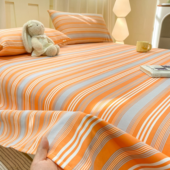 91家纺网 家纺一手货源 找家纺 优品惠 2026新款老粗布床单凉席席子空调软席单品床垫保护套三件套 橘灰条纹