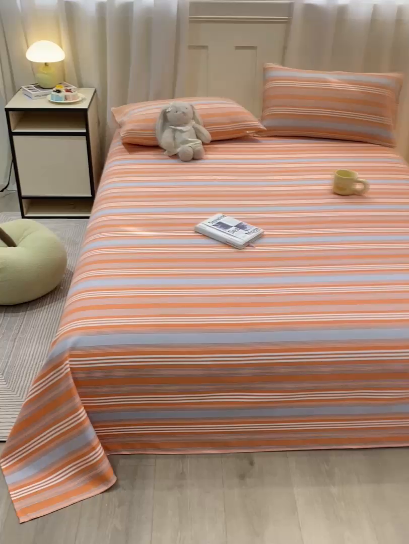 91家纺网 家纺一手货源 找家纺 优品惠 2026新款老粗布床单凉席席子空调软席单品床垫保护套三件套 橘灰条纹