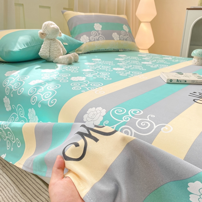 91家纺网 家纺一手货源 找家纺 优品惠 2026新款老粗布床单凉席席子空调软席单品床垫保护套三件套 蓝灰卷花