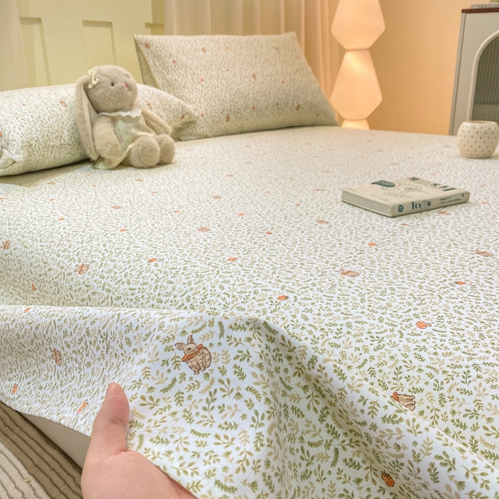 91家纺网 家纺一手货源 找家纺 优品惠 2026新款老粗布床单凉席席子空调软席单品床垫保护套三件套 林间小兔