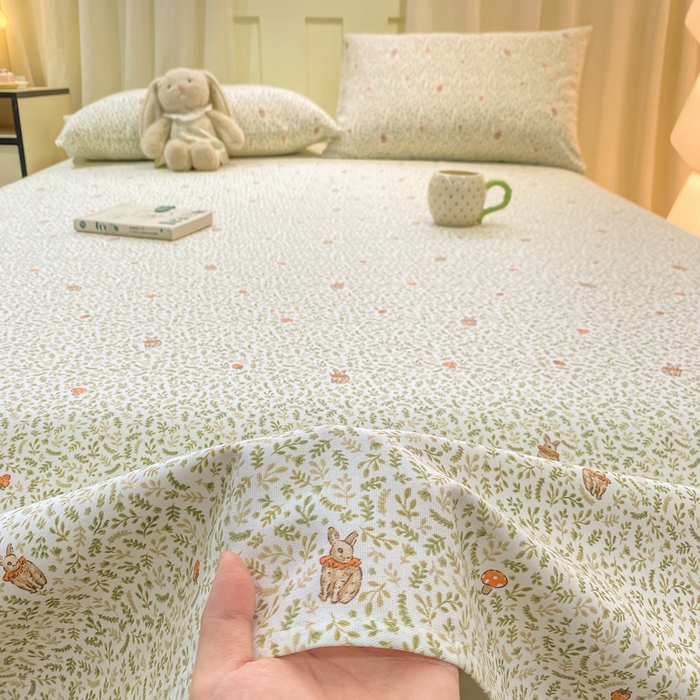 91家纺网 家纺一手货源 找家纺 优品惠 2026新款老粗布床单凉席席子空调软席单品床垫保护套三件套 林间小兔