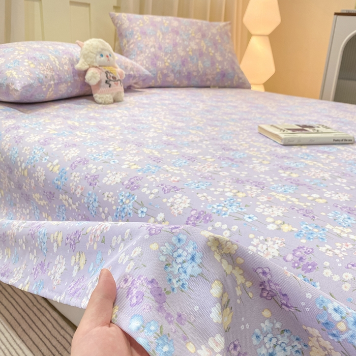 91家纺网 家纺一手货源 找家纺 优品惠 2026新款老粗布床单凉席席子空调软席单品床垫保护套三件套 紫色花语