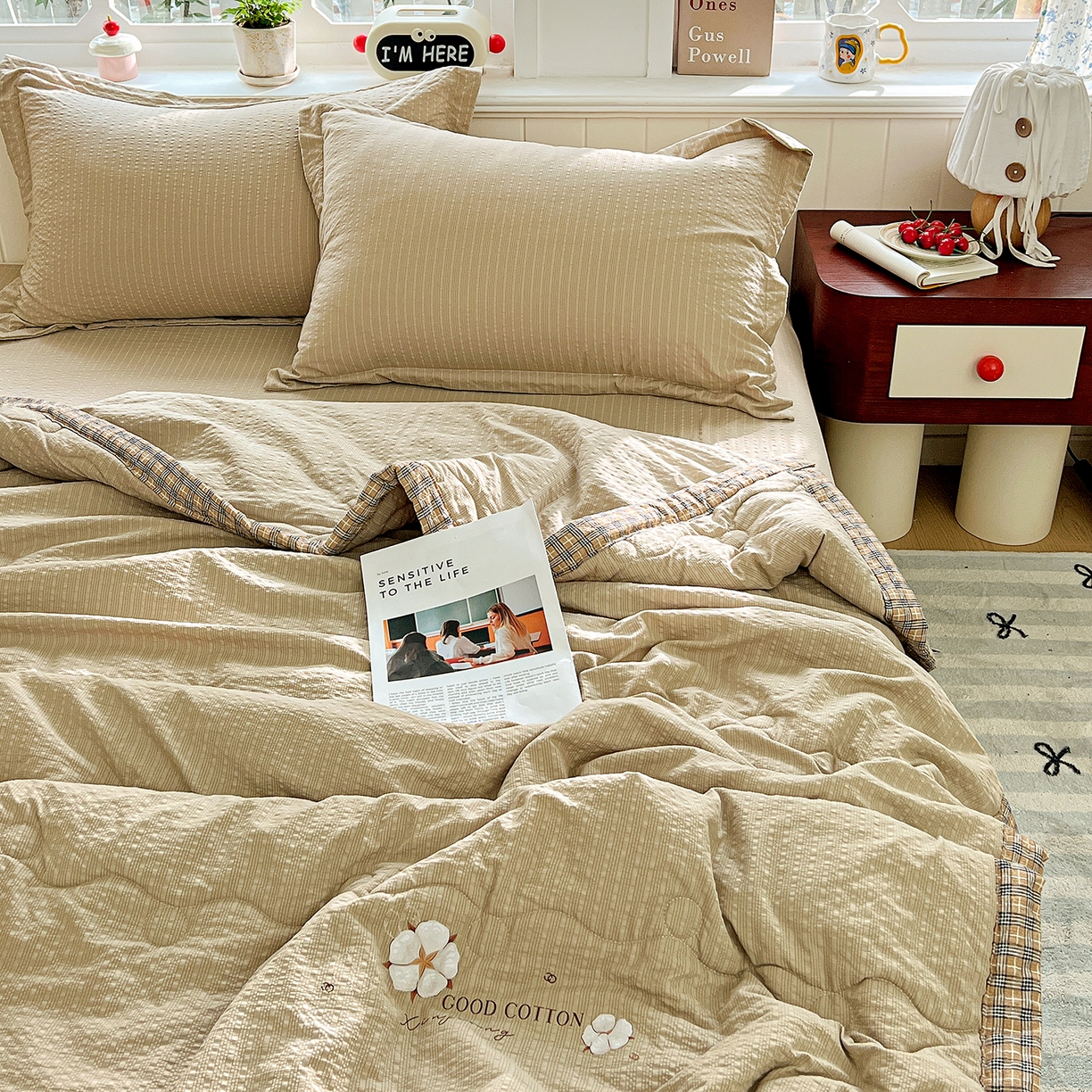 91家纺网 家纺一手货源 找家纺 优承佳生活馆 2026新款超柔泡芙棉烫画棉花夏被（提供买家秀） 泡芙-咖