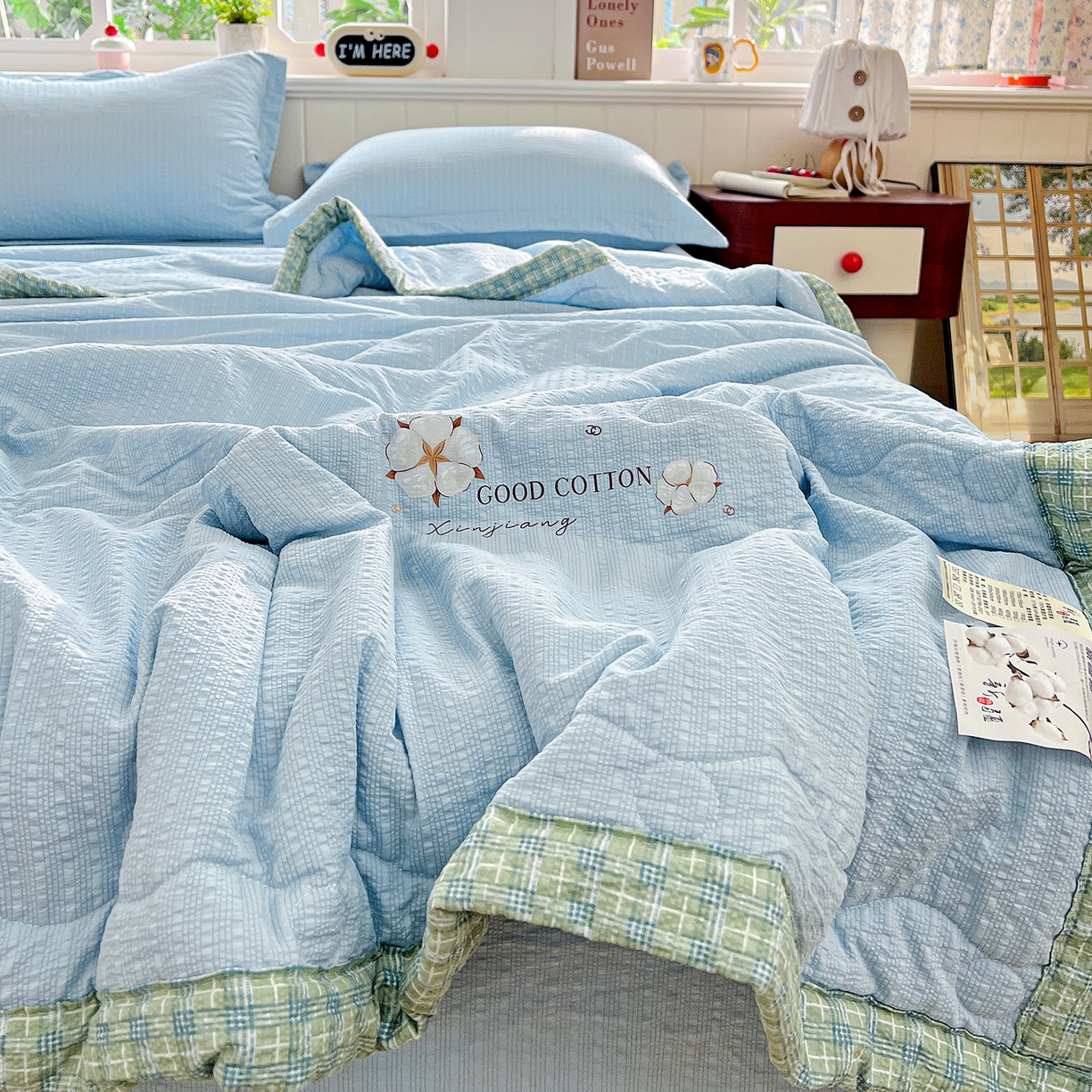 91家纺网 家纺一手货源 找家纺 优承佳生活馆 2026新款超柔泡芙棉烫画棉花夏被（提供买家秀） 泡芙-蓝
