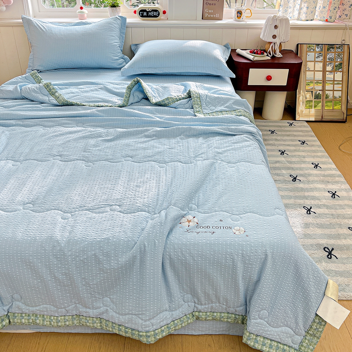 91家纺网 家纺一手货源 找家纺 优承佳生活馆 2026新款超柔泡芙棉烫画棉花夏被（提供买家秀） 泡芙-蓝