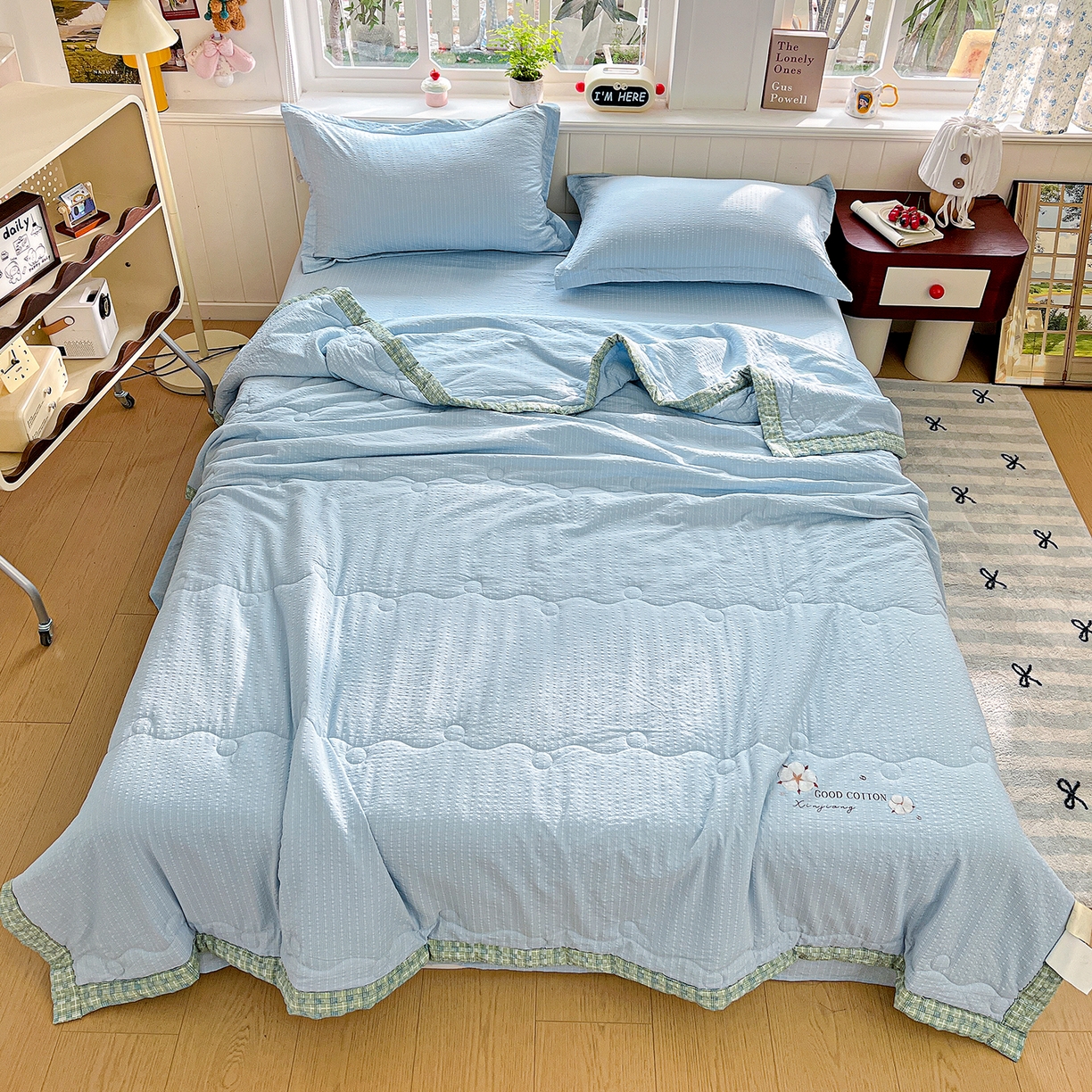91家纺网 家纺一手货源 找家纺 优承佳生活馆 2026新款超柔泡芙棉烫画棉花夏被（提供买家秀） 泡芙-蓝