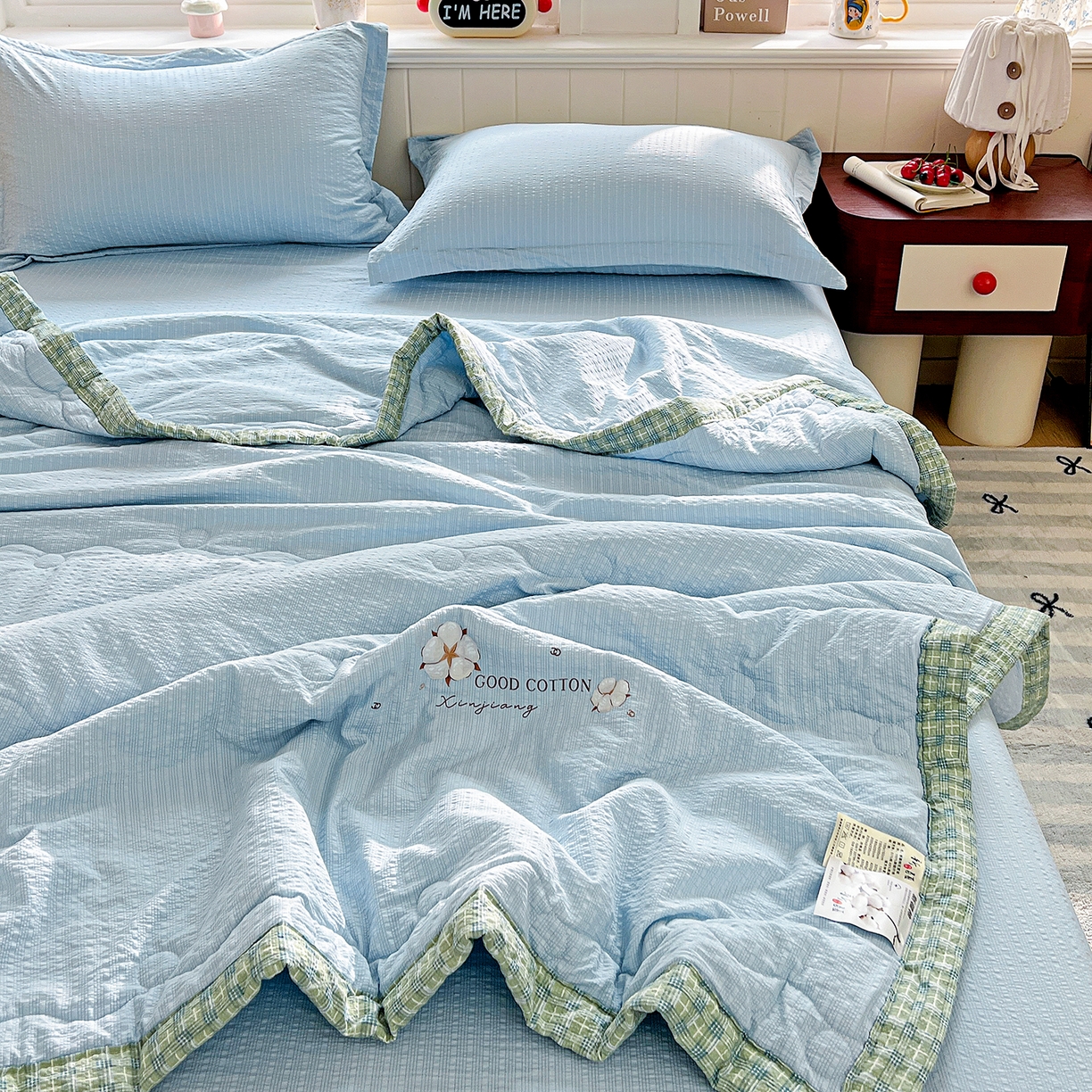 91家纺网 家纺一手货源 找家纺 优承佳生活馆 2026新款超柔泡芙棉烫画棉花夏被（提供买家秀） 泡芙-蓝
