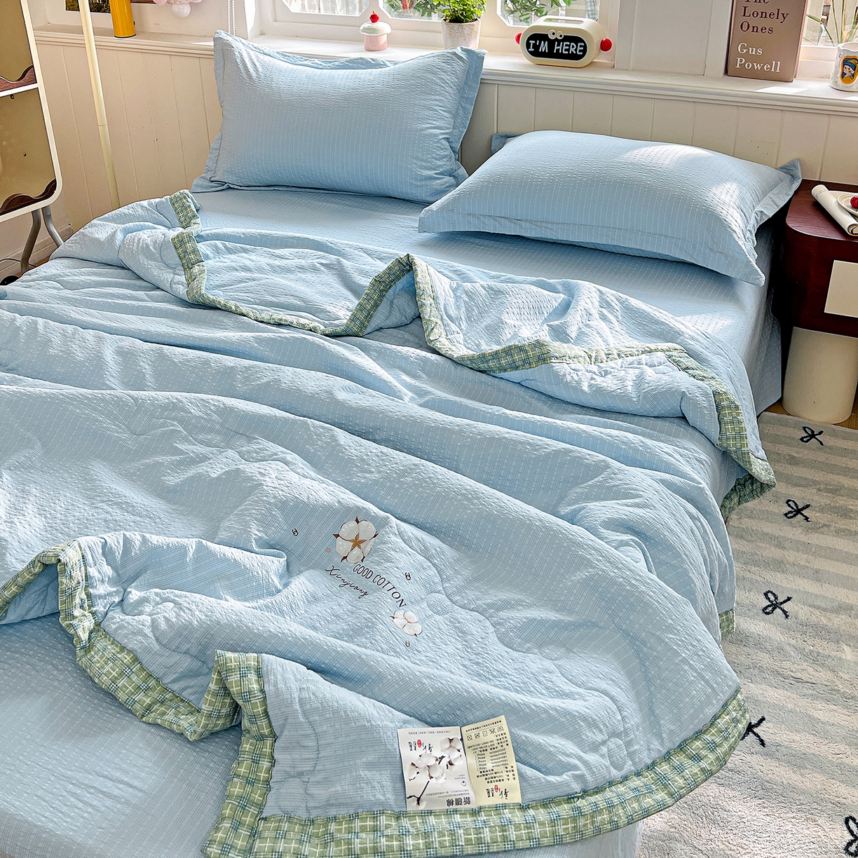 91家纺网 家纺一手货源 找家纺 优承佳生活馆 2026新款超柔泡芙棉烫画棉花夏被（提供买家秀） 泡芙-蓝