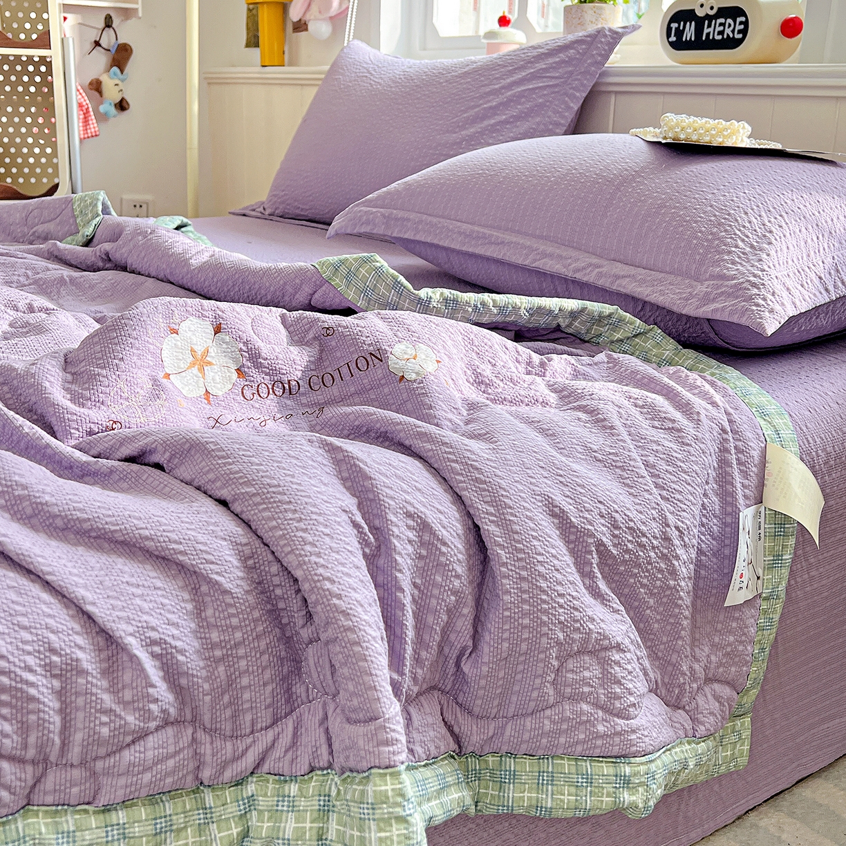 91家纺网 家纺一手货源 找家纺 优承佳生活馆 2026新款超柔泡芙棉烫画棉花夏被（提供买家秀） 泡芙-紫