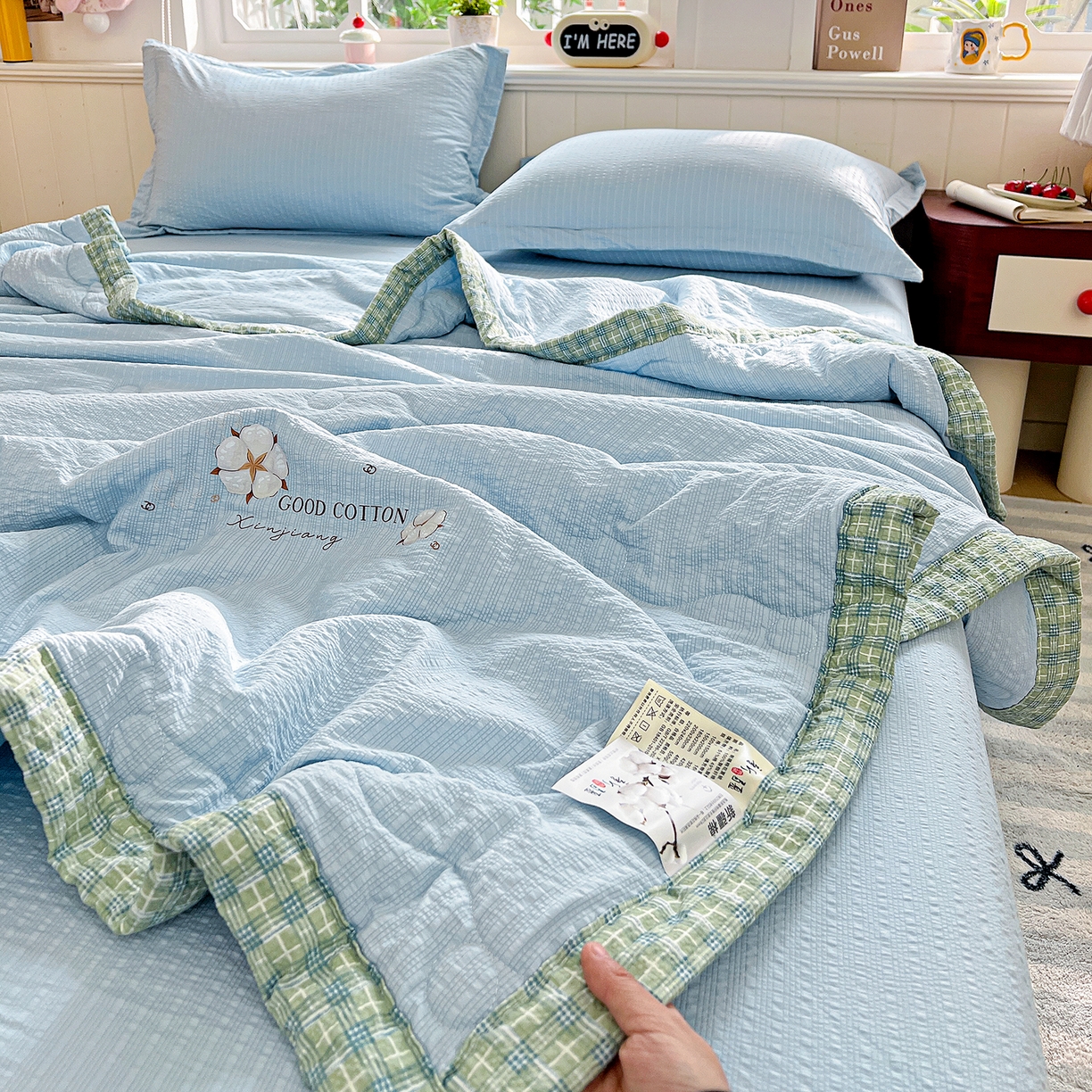 91家纺网 家纺一手货源 找家纺 优承佳生活馆 2026新款超柔泡芙棉烫画棉花夏被（提供买家秀） 泡芙-蓝