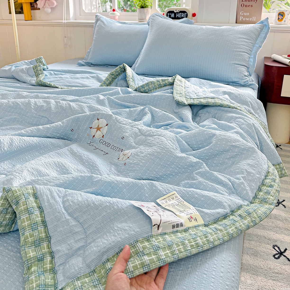 91家纺网 家纺一手货源 找家纺 优承佳生活馆 2026新款超柔泡芙棉烫画棉花夏被（提供买家秀） 泡芙-蓝