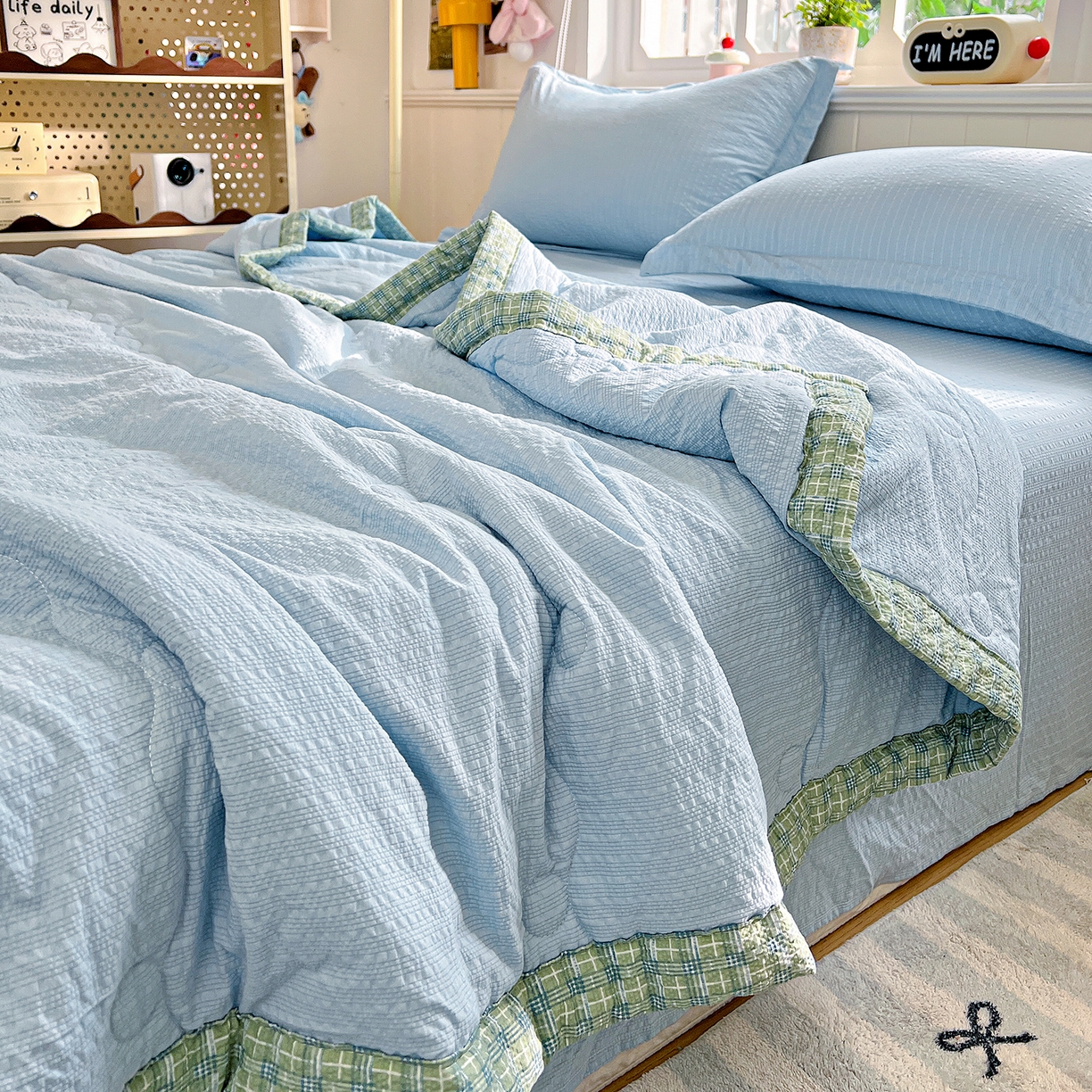 91家纺网 家纺一手货源 找家纺 优承佳生活馆 2026新款超柔泡芙棉烫画棉花夏被（提供买家秀） 泡芙-蓝