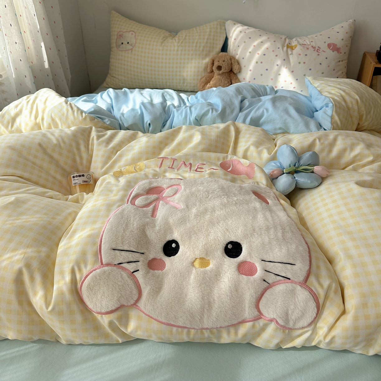 顾里家纺 2026新款云感皱皱纱卡通贴布绣四件套（会员-3元） 黄格趴猫