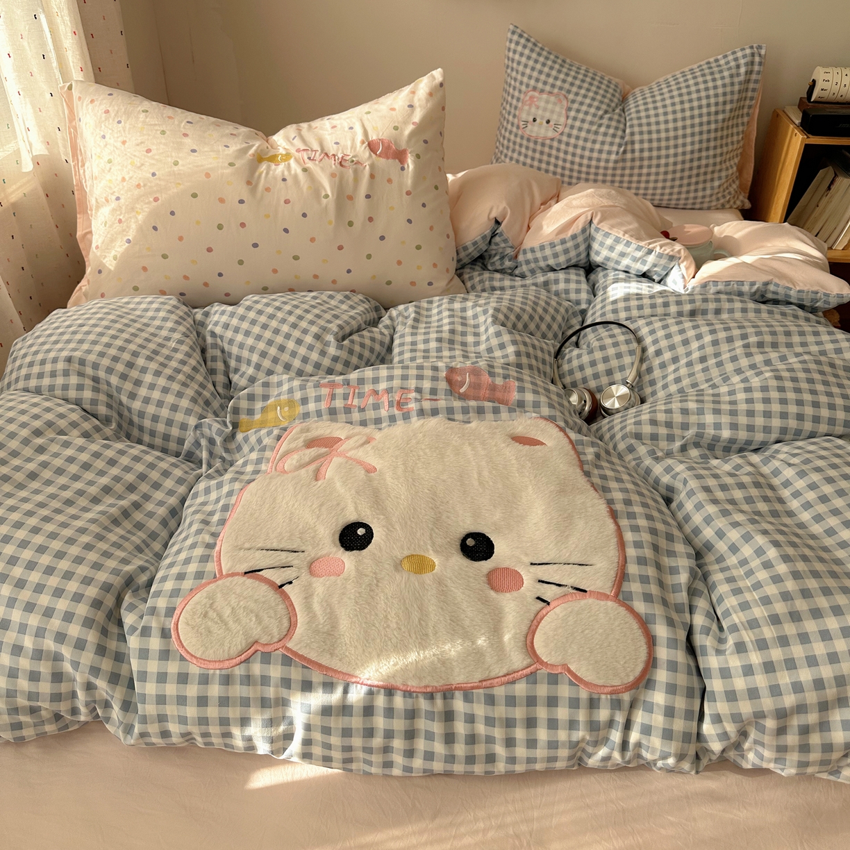 顾里家纺 2026新款云感皱皱纱卡通贴布绣四件套（会员-3元） 蓝格趴猫