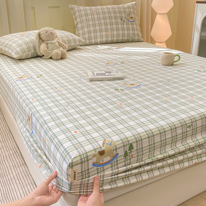 91家纺网 家纺一手货源 找家纺 优品惠 2026新款老粗布床笠凉席席子空调软席单品床垫保护套三件套 格子萌马