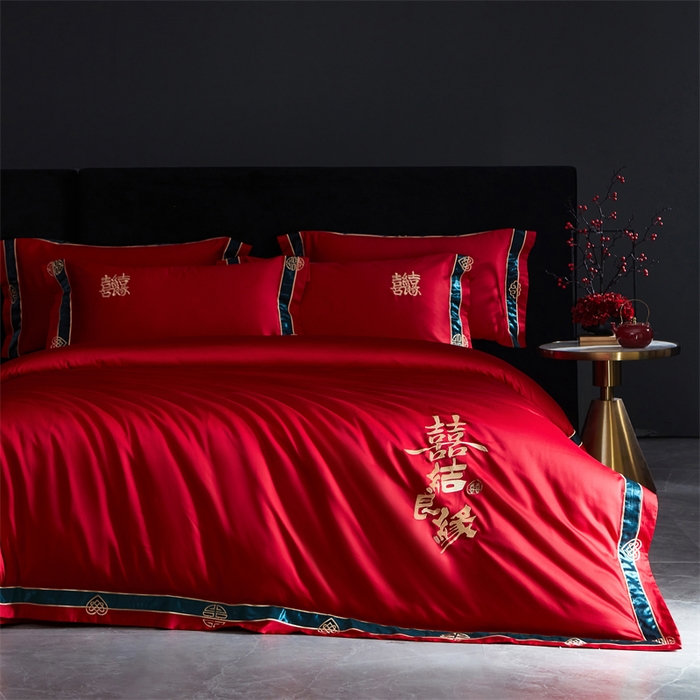 91家纺网 家纺一手货源 找家纺 甜咪咪婚庆 2026新款长绒棉全棉绣花结婚婚庆四件套多件套床单床盖款 爱多多