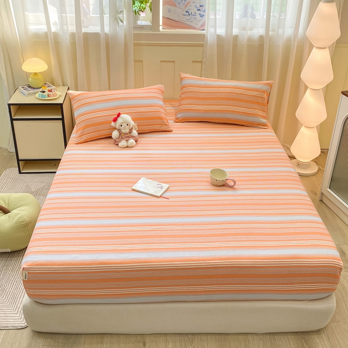 91家纺网 家纺一手货源 找家纺 优品惠 2026新款老粗布床笠凉席席子空调软席单品床垫保护套三件套 桔灰条纹