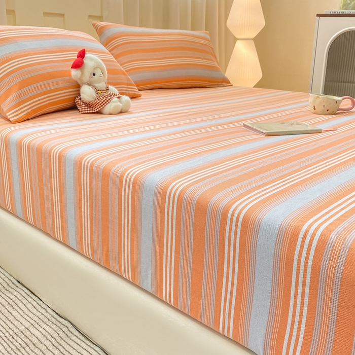 91家纺网 家纺一手货源 找家纺 优品惠 2026新款老粗布床笠凉席席子空调软席单品床垫保护套三件套 桔灰条纹