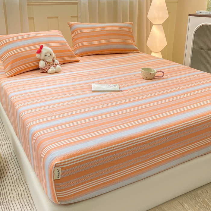 91家纺网 家纺一手货源 找家纺 优品惠 2026新款老粗布床笠凉席席子空调软席单品床垫保护套三件套 桔灰条纹