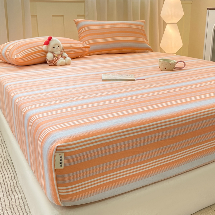 91家纺网 家纺一手货源 找家纺 优品惠 2026新款老粗布床笠凉席席子空调软席单品床垫保护套三件套 桔灰条纹