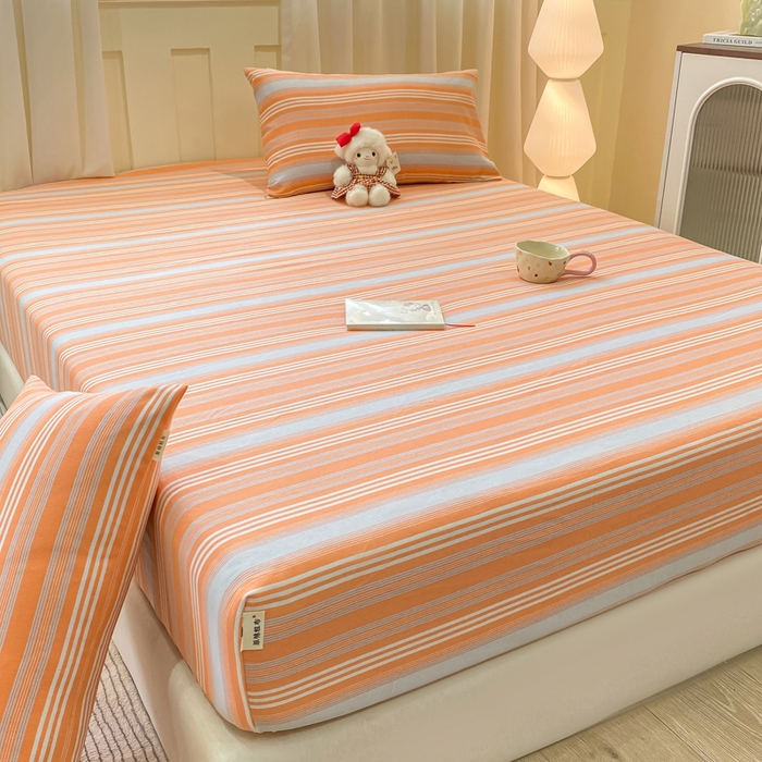 91家纺网 家纺一手货源 找家纺 优品惠 2026新款老粗布床笠凉席席子空调软席单品床垫保护套三件套 桔灰条纹