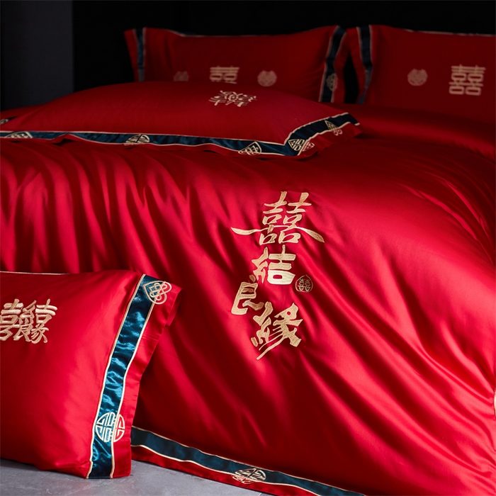 91家纺网 家纺一手货源 找家纺 甜咪咪婚庆 2026新款长绒棉全棉绣花结婚婚庆四件套多件套床单床盖款 爱多多