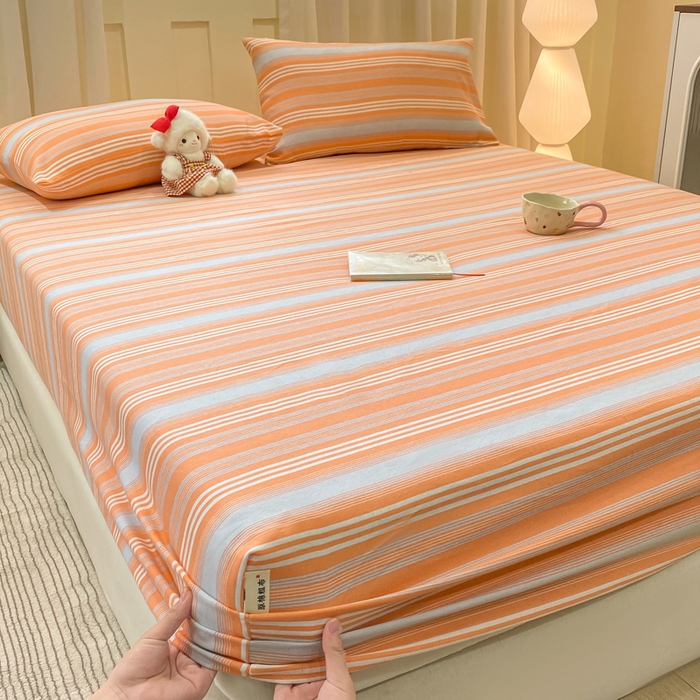 91家纺网 家纺一手货源 找家纺 优品惠 2026新款老粗布床笠凉席席子空调软席单品床垫保护套三件套 桔灰条纹