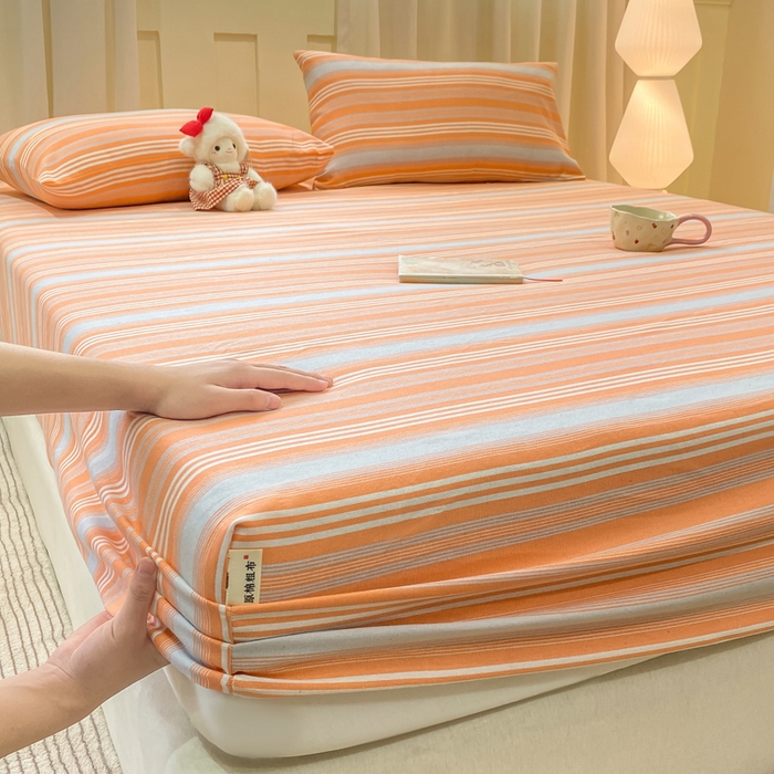 91家纺网 家纺一手货源 找家纺 优品惠 2026新款老粗布床笠凉席席子空调软席单品床垫保护套三件套 桔灰条纹