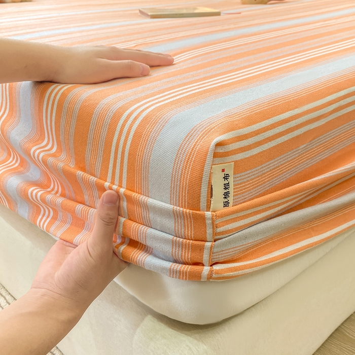 91家纺网 家纺一手货源 找家纺 优品惠 2026新款老粗布床笠凉席席子空调软席单品床垫保护套三件套 桔灰条纹