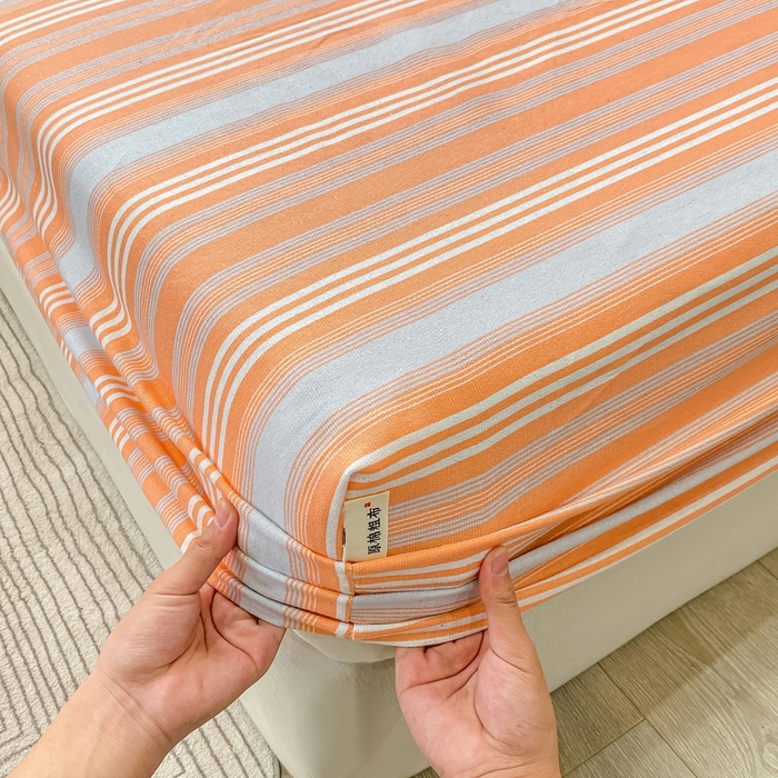 91家纺网 家纺一手货源 找家纺 优品惠 2026新款老粗布床笠凉席席子空调软席单品床垫保护套三件套 桔灰条纹