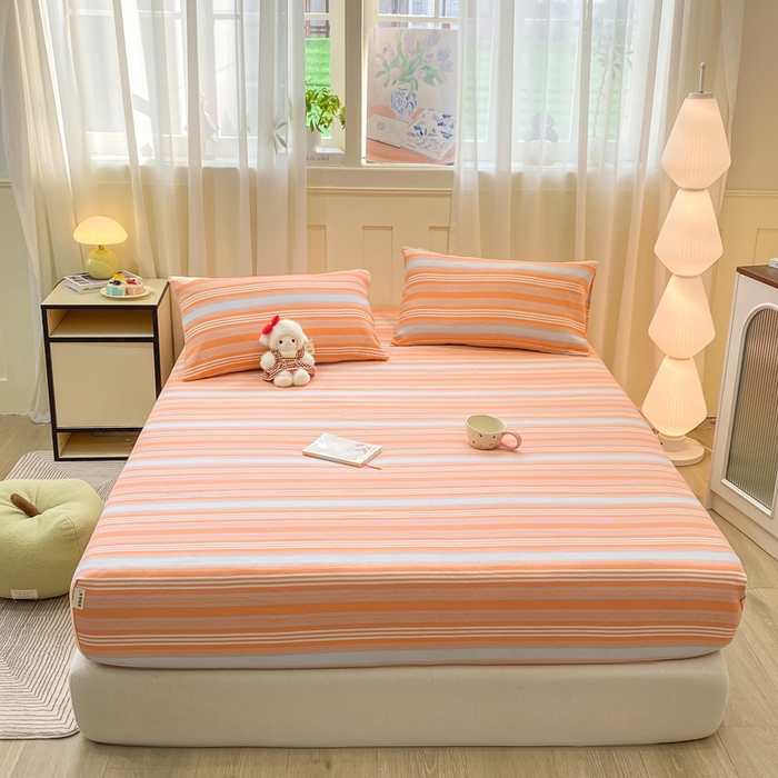 91家纺网 家纺一手货源 找家纺 优品惠 2026新款老粗布床笠凉席席子空调软席单品床垫保护套三件套 桔灰条纹