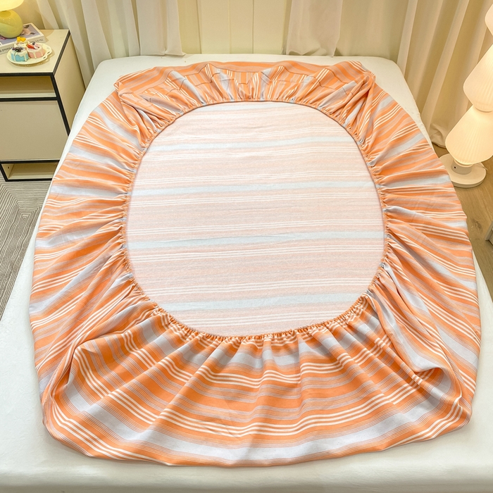 91家纺网 家纺一手货源 找家纺 优品惠 2026新款老粗布床笠凉席席子空调软席单品床垫保护套三件套 桔灰条纹