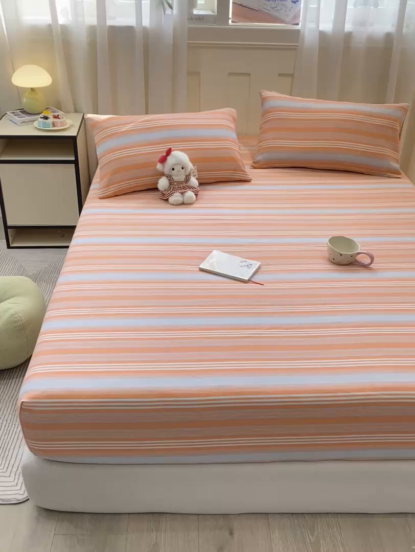 91家纺网 家纺一手货源 找家纺 优品惠 2026新款老粗布床笠凉席席子空调软席单品床垫保护套三件套 桔灰条纹
