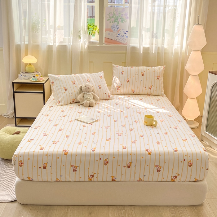 91家纺网 家纺一手货源 找家纺 优品惠 2026新款老粗布床笠凉席席子空调软席单品床垫保护套三件套 可爱星星人